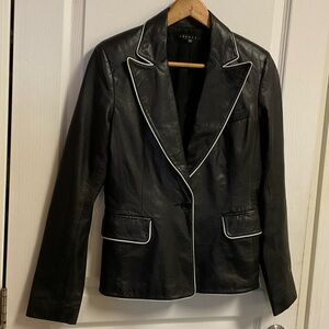 Theory Black Leather Blazer with White Piping